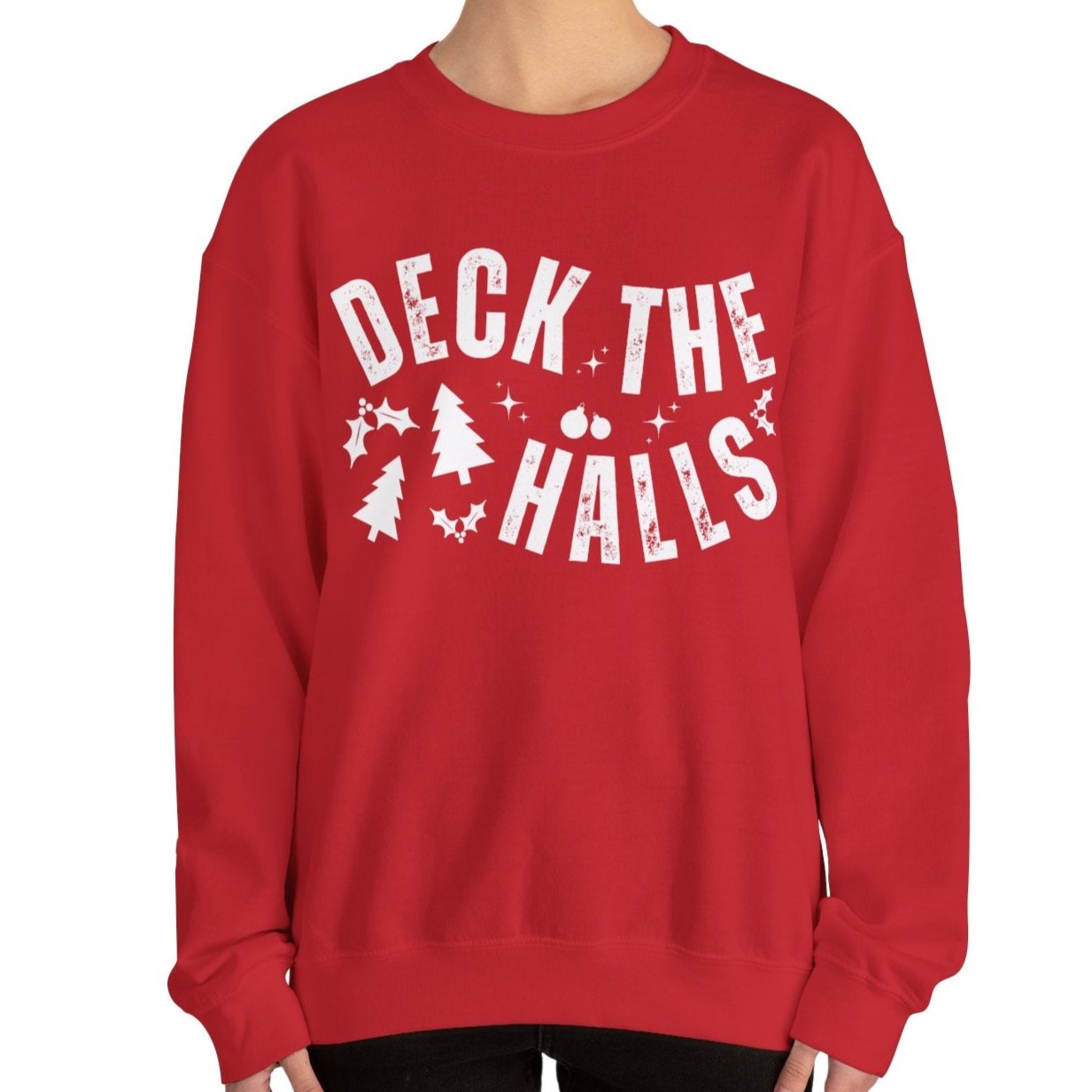 Women's Heavy Sweatshirt – "Deck the Halls" Festive Holiday Graphic Sweatshirt