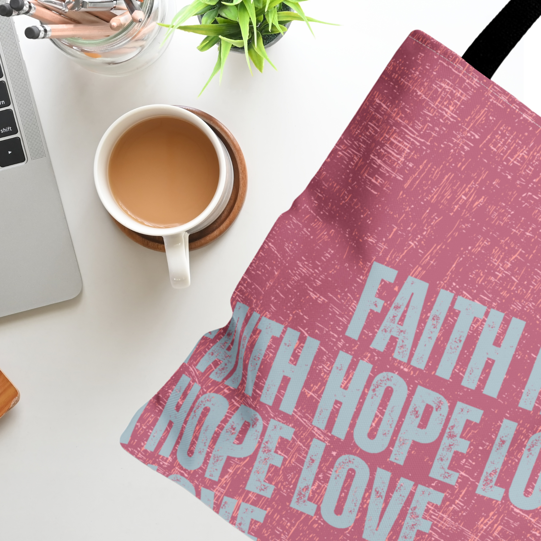 Pink Textured Faith Hope Love: Women's Small Tote Bag with Repeated Motif - Eddy and Rita