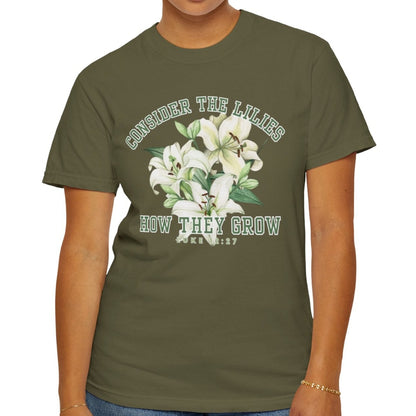 Serene Blossoms - Women's Comfort Colors Tee with 'Consider the Lilies' Inspired by Luke 12:27 - Eddy and Rita