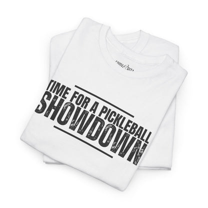 Eddy and Rita Men's Heavy Cotton T-Shirt - "Time for a Pickleball Showdown" Graphic Tee for Pickleball Enthusiasts