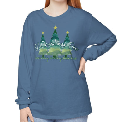 Women's Comfort Colors Long Sleeve Tee: 'O' Christmas Tree, How Lovely Are Thy Branches' Festive Holiday Apparel - Eddy and Rita