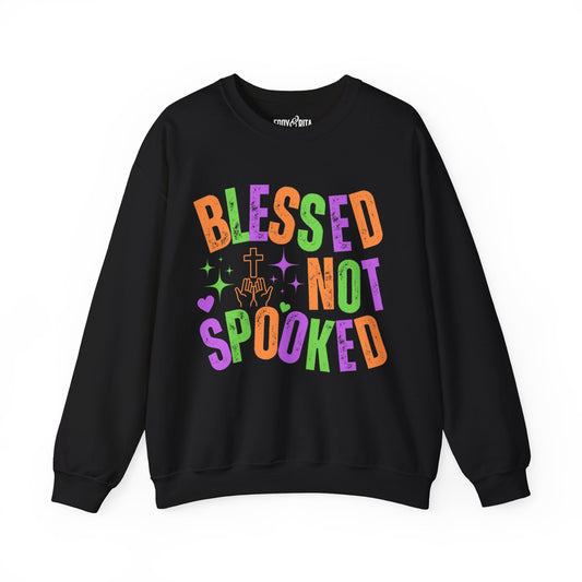 Eddy and Rita Women's Heavy Crewneck Sweatshirt - "Blessed Not Spooked" Christian Halloween Graphic Pullover