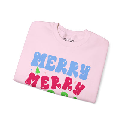 Women's Heavy Sweatshirt – "Merry Merry Merry Christmas" Festive Holiday Graphic Sweatshirt