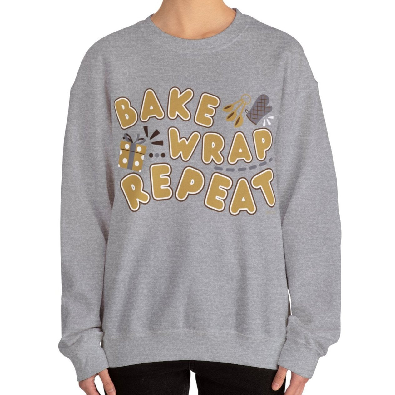 Women's Heavy Sweatshirt – "Bake Wrap Repeat" Fun Holiday Baking and Wrapping Graphic Sweatshirt