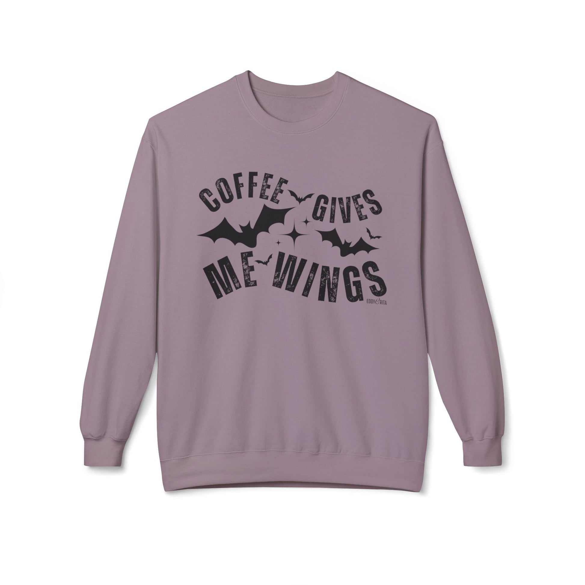 Eddy and Rita Women's Midweight Crewneck Sweatshirt - "Coffee Gives Me Wings" Halloween Bat Graphic Pullover