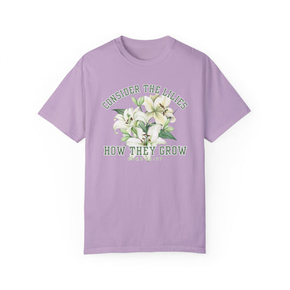 Serene Blossoms - Women's Comfort Colors Tee with 'Consider the Lilies' Inspired by Luke 12:27 - Eddy and Rita