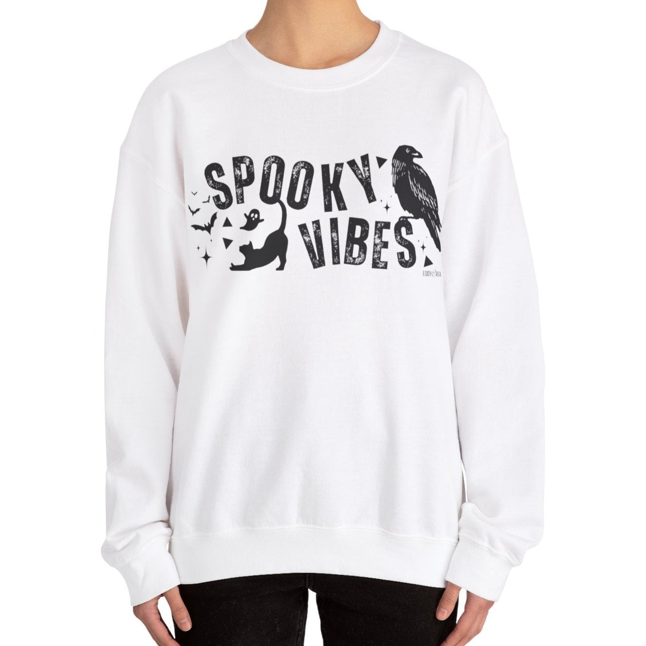 Eddy and Rita Women's Heavy Crewneck Sweatshirt - "Spooky Vibes" Halloween Graphic Pullover