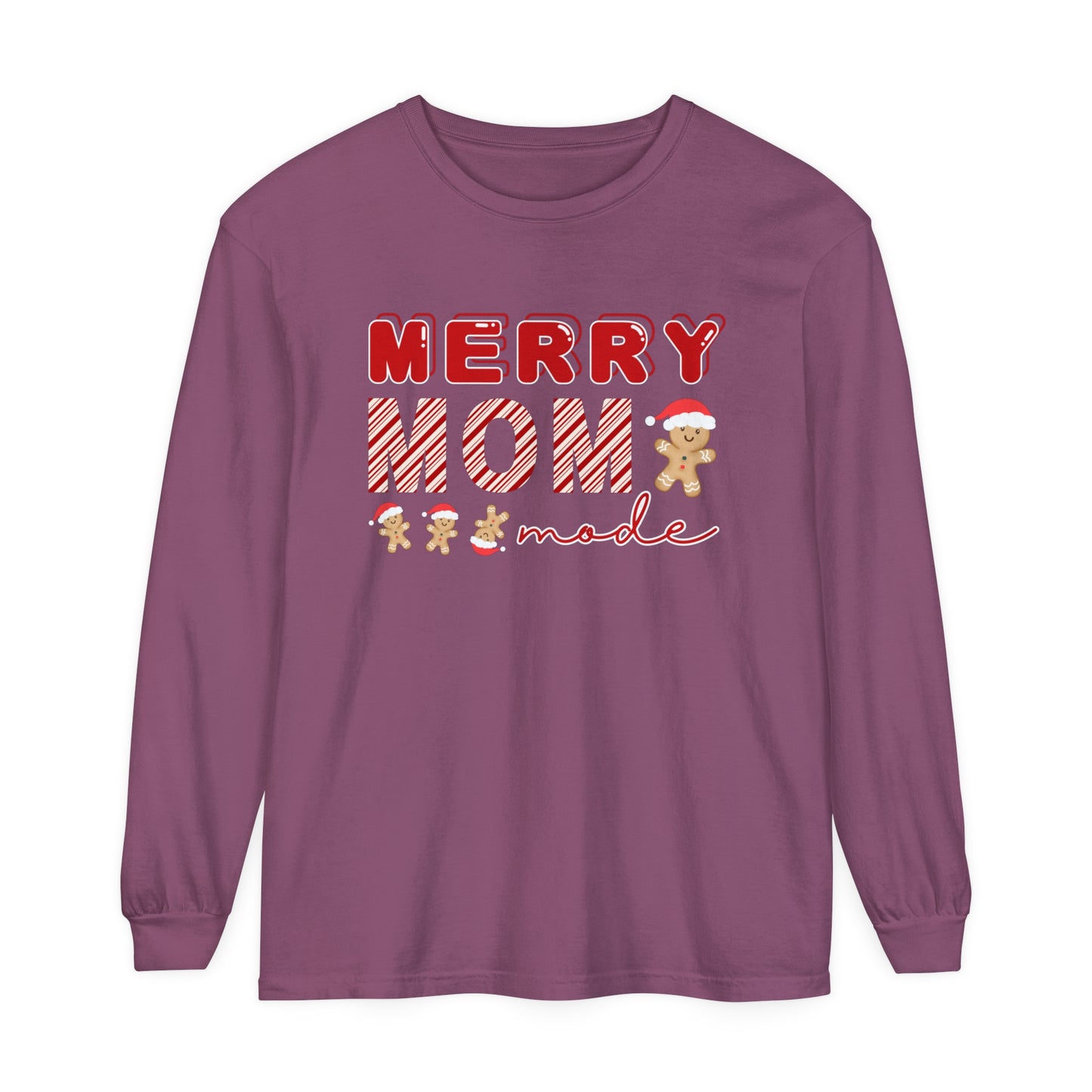 Comfort Colors Garment-Dyed Long Sleeve T-Shirt - 'Merry Mom Mode' Gingerbread Men Tee - Eddy and Rita