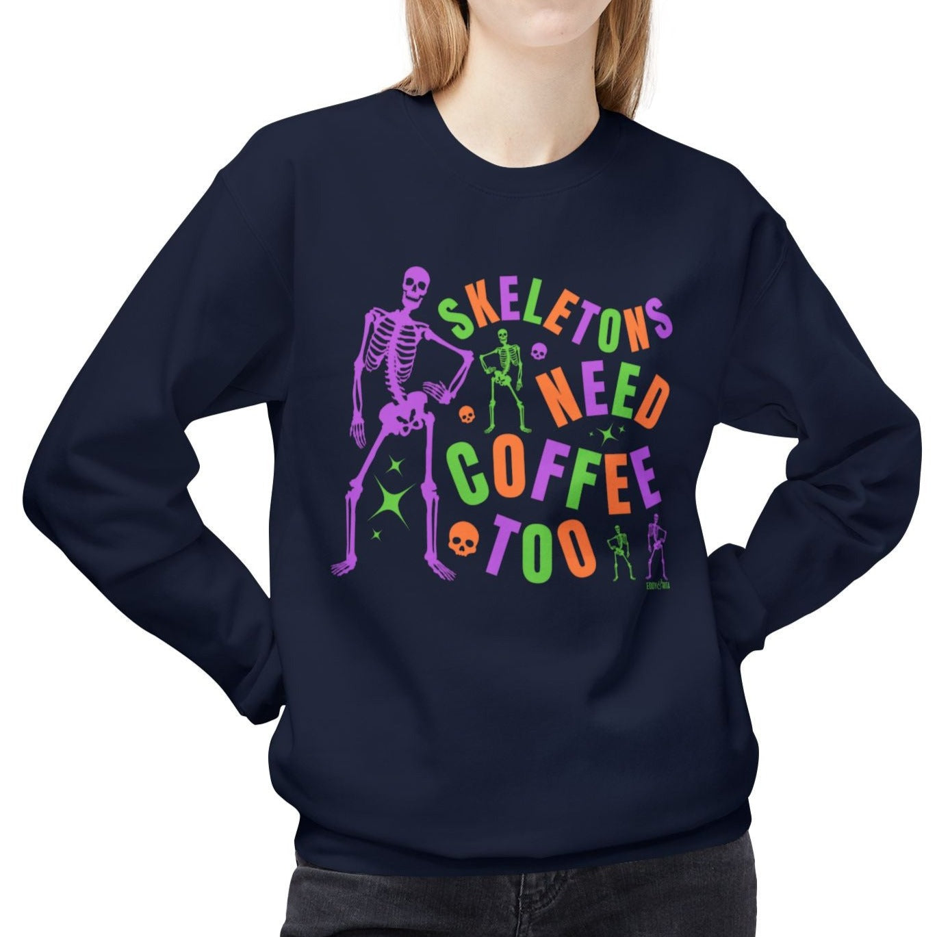 Eddy and Rita Women's Midweight Crewneck Sweatshirt - "Skeletons Need Coffee Too" Halloween Graphic Pullover