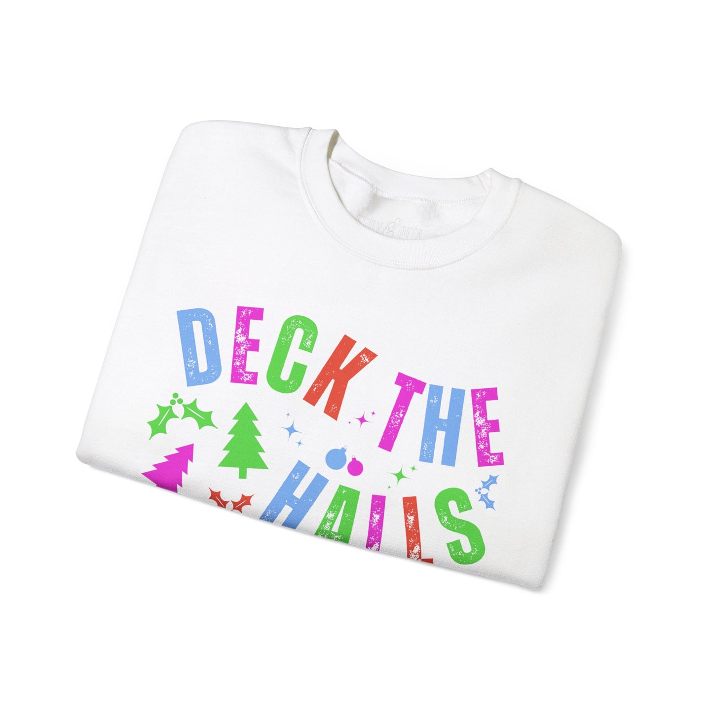 Women's Heavy Sweatshirt – "Deck the Halls" Festive Holiday Graphic Sweatshirt