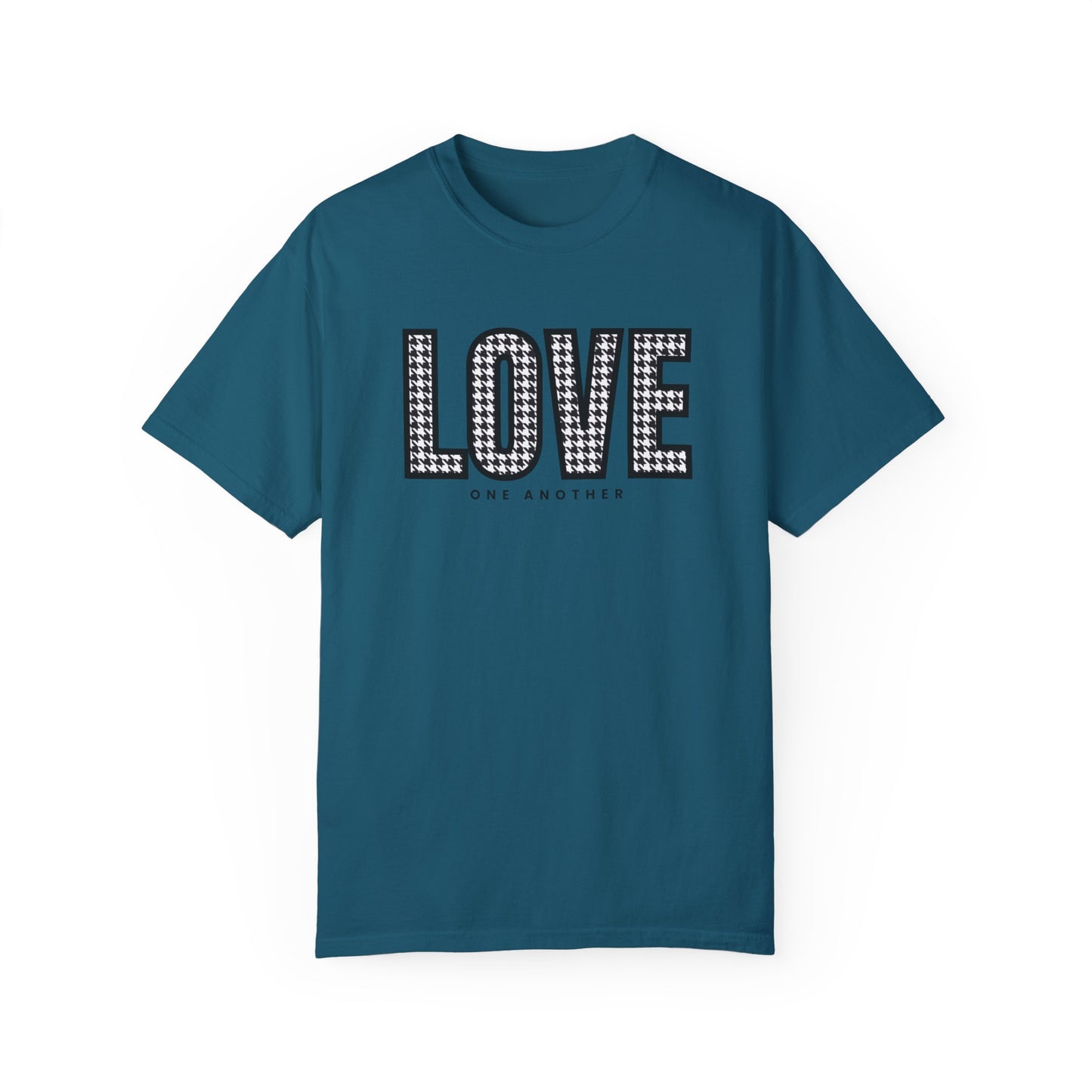 Love One Another Houndstooth Women's Comfort Colors Tee: Cozy Style with Inspirational Charm - Eddy and Rita