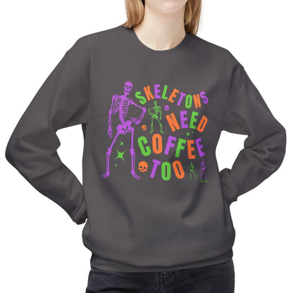 Eddy and Rita Women's Midweight Crewneck Sweatshirt - "Skeletons Need Coffee Too" Halloween Graphic Pullover