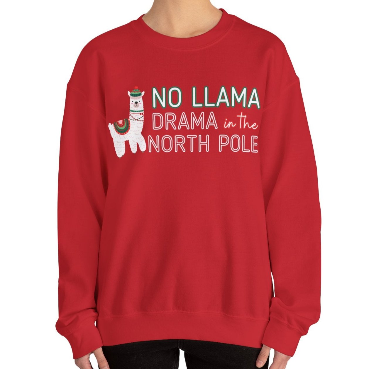 Women's Heavy Sweatshirt – "No Llama Drama in the North Pole" Fun and Festive Christmas Graphic Sweatshirt