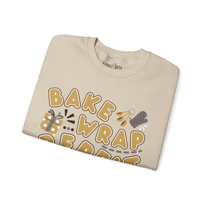 Women's Heavy Sweatshirt – "Bake Wrap Repeat" Fun Holiday Baking and Wrapping Graphic Sweatshirt