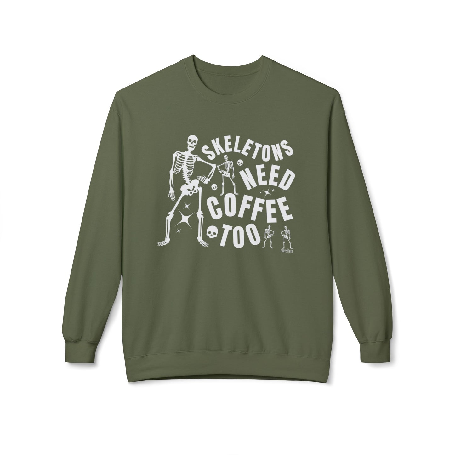 Eddy and Rita Women's Midweight Crewneck Sweatshirt - "Skeletons Need Coffee Too" Halloween Graphic Pullover