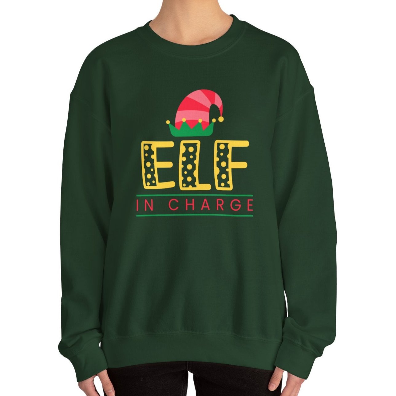 Women's Heavy Sweatshirt – "Elf In Charge" Fun Christmas Graphic Sweatshirt