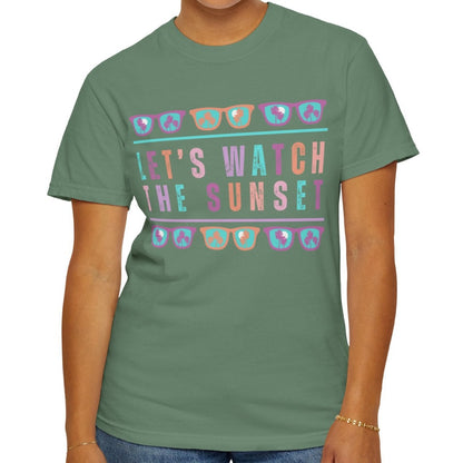 Eddy and Rita Women's Comfort Colors T-Shirt - "Let's Watch The Sunset" Graphic Tee for Sunset Lovers