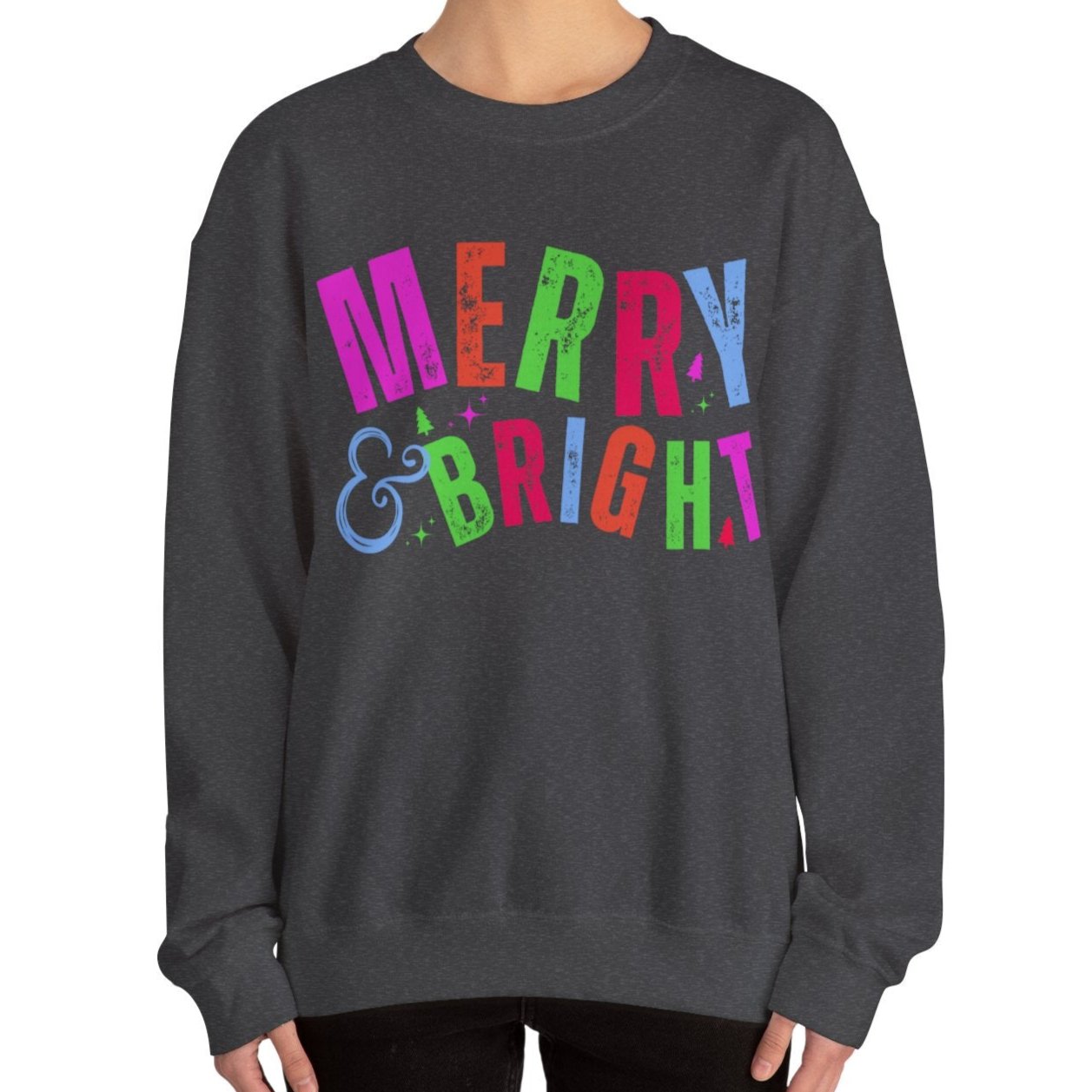 Women's Heavy Sweatshirt – "Merry and Bright" Festive Christmas Graphic Sweatshirt