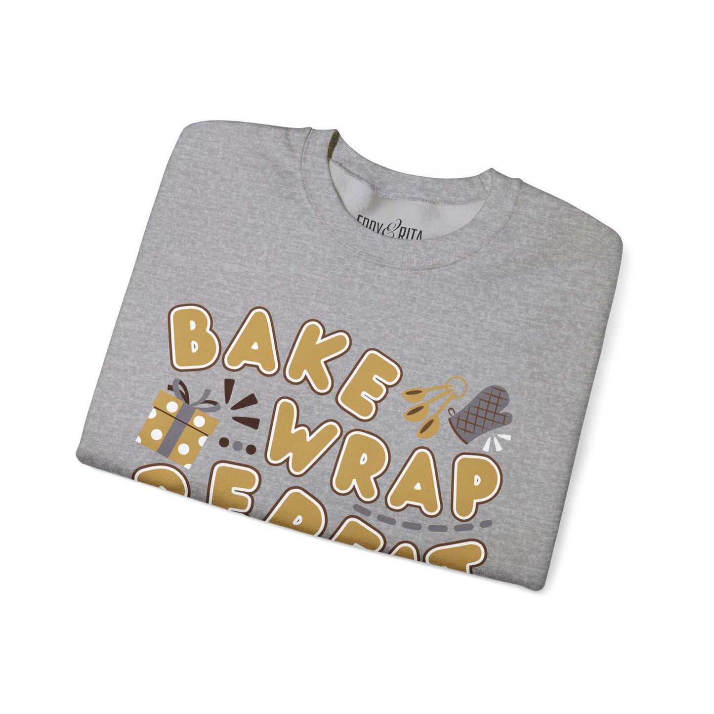 Women's Heavy Sweatshirt – "Bake Wrap Repeat" Fun Holiday Baking and Wrapping Graphic Sweatshirt