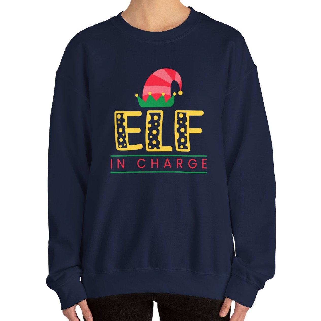 Women's Heavy Sweatshirt – "Elf In Charge" Fun Christmas Graphic Sweatshirt