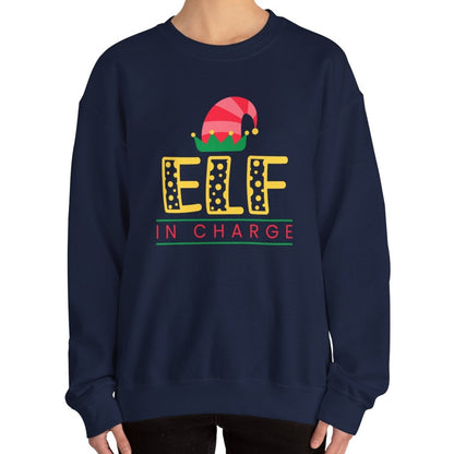 Women's Heavy Sweatshirt – "Elf In Charge" Fun Christmas Graphic Sweatshirt