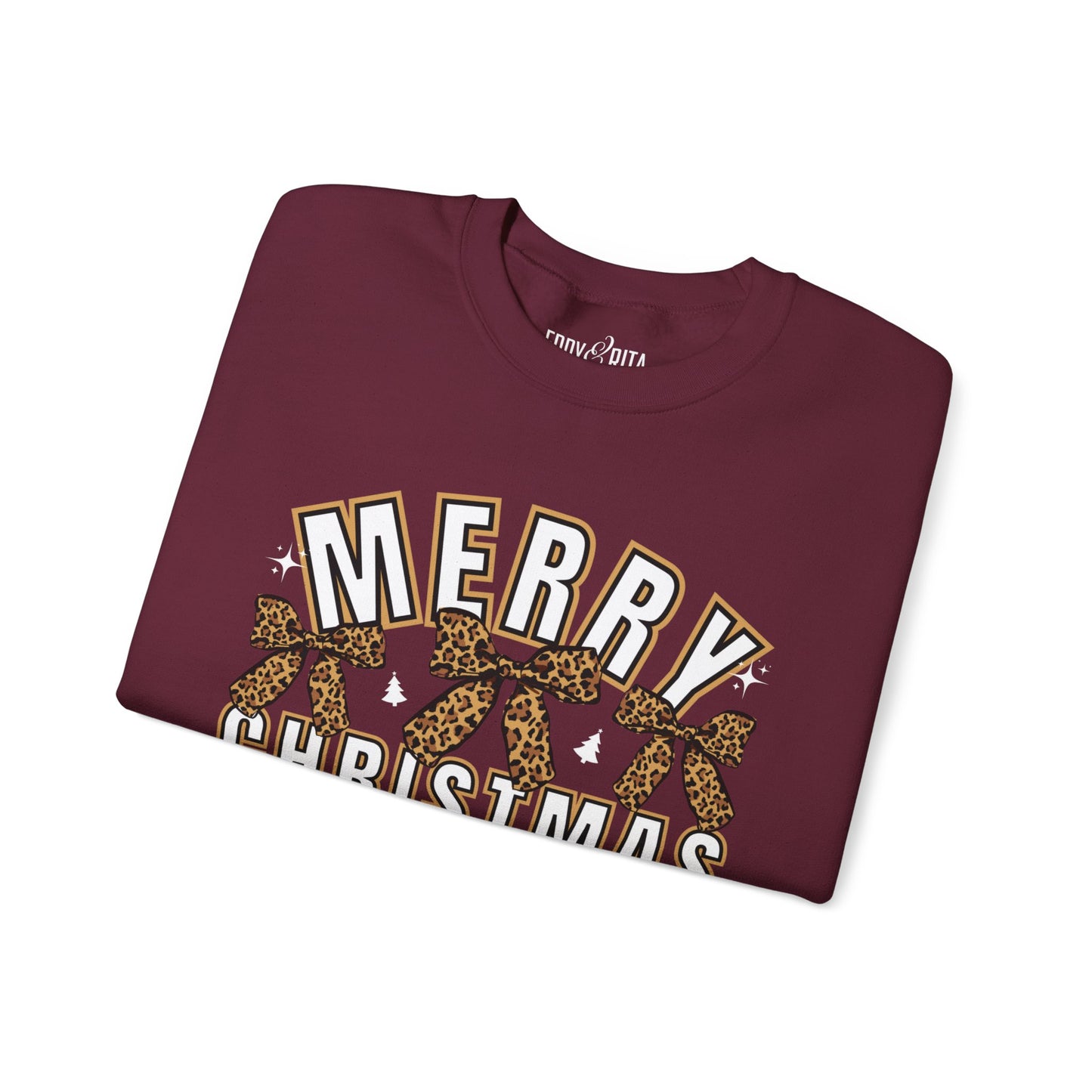 Women’s Heavy Sweatshirt – “Merry Christmas” with Leopard Print Bows | Cozy and Stylish Holiday Apparel