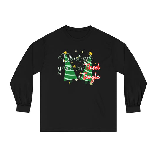 Women's Long Sleeve Tee: 'Don't Get Your Tinsel in a Tangle' Festive Christmas Trees Shirt for Cozy Holiday Vibes! - Eddy and Rita