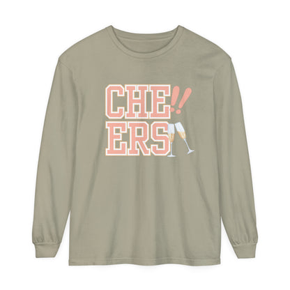 Comfort Colors Women's Cheers Long Sleeve Tee with Champagne Glasses Design - Eddy and Rita