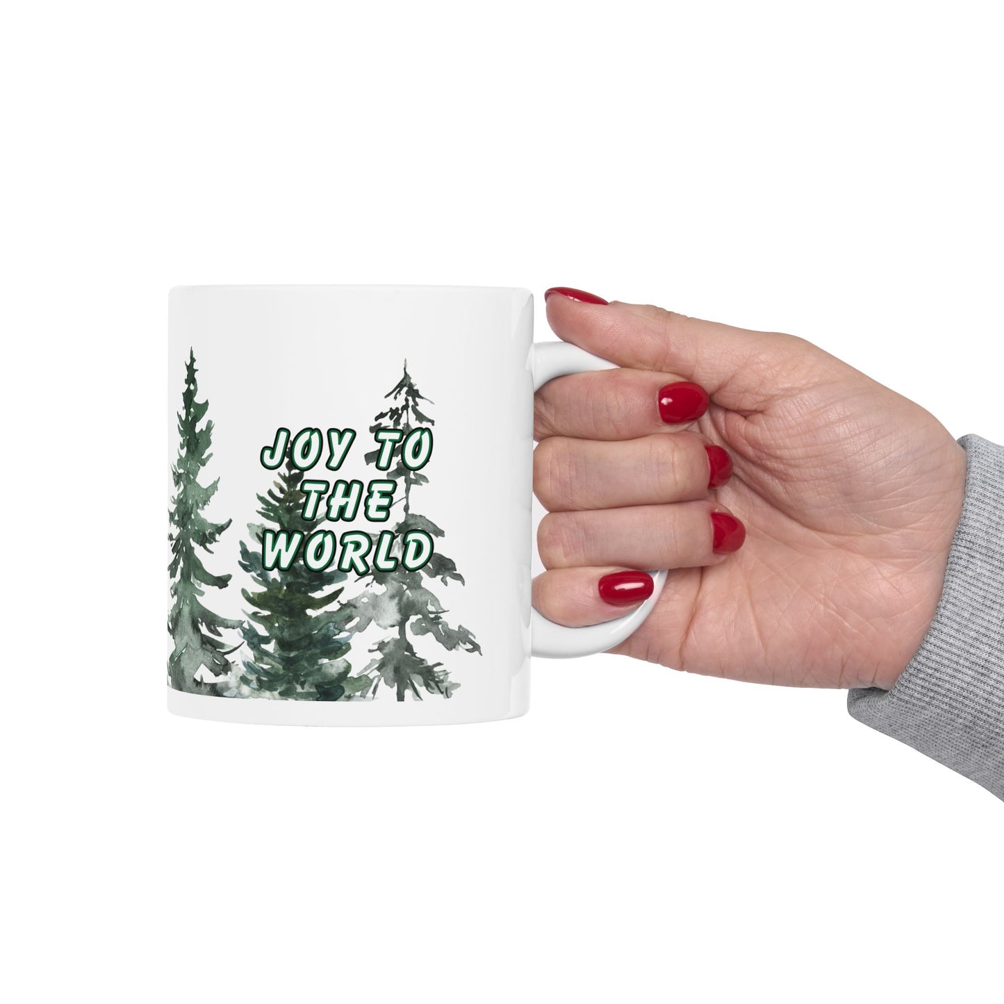 11 oz Ceramic Coffee Mug - "Joy to the World" with Spruce Trees Design | Festive Holiday Coffee Cup for Christmas Cheer