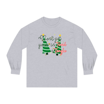 Women's Long Sleeve Tee: 'Don't Get Your Tinsel in a Tangle' Festive Christmas Trees Shirt for Cozy Holiday Vibes! - Eddy and Rita