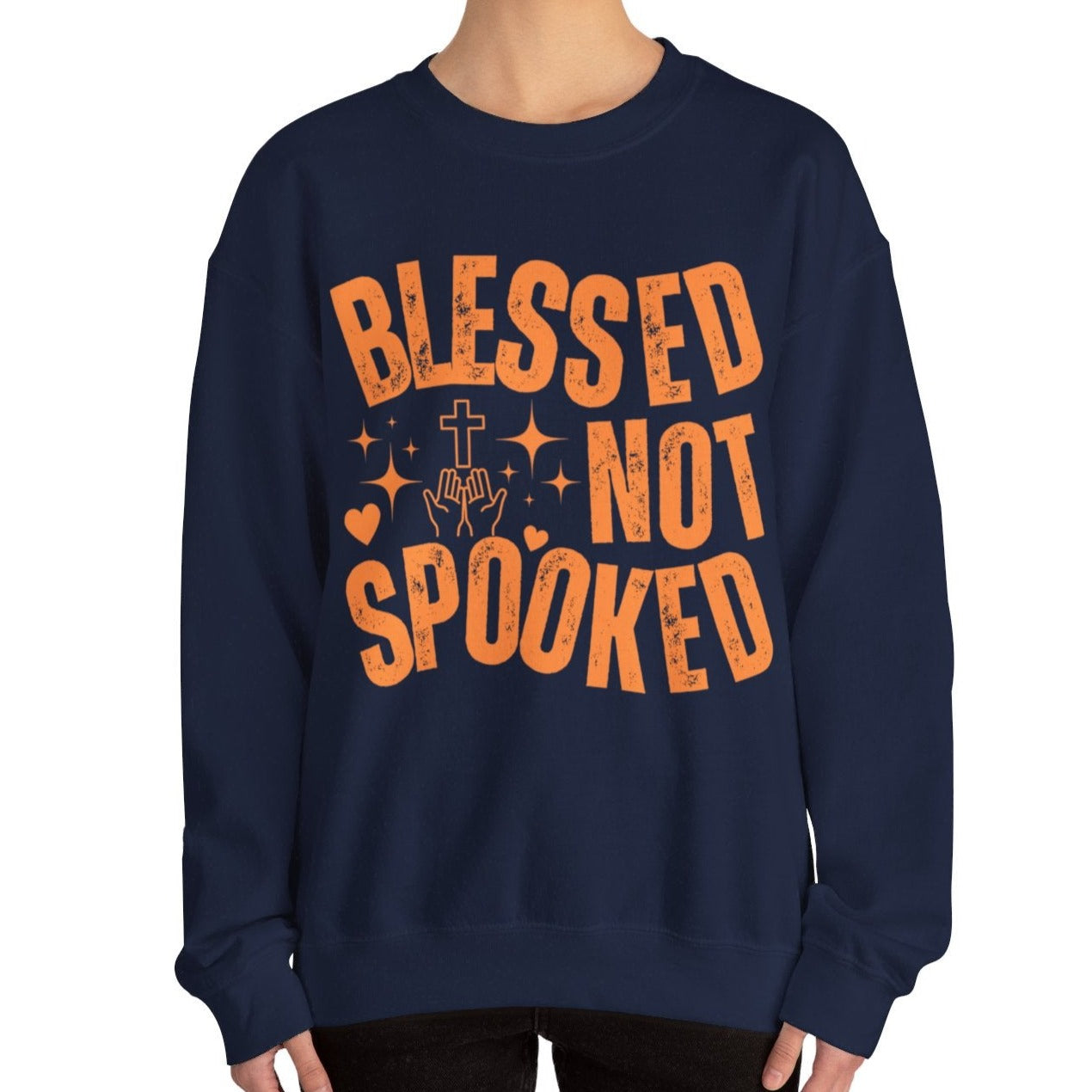 Eddy and Rita Women's Heavy Crewneck Sweatshirt - "Blessed Not Spooked" Christian Halloween Graphic Pullover