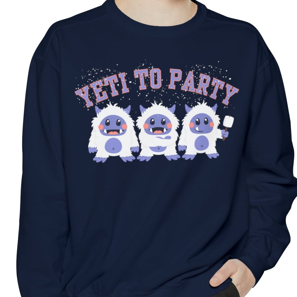 Comfort Colors Garment-Dyed Sweatshirt - 'Yeti to Party' Trio of Cute Yetis Pullover - Eddy and Rita Model View