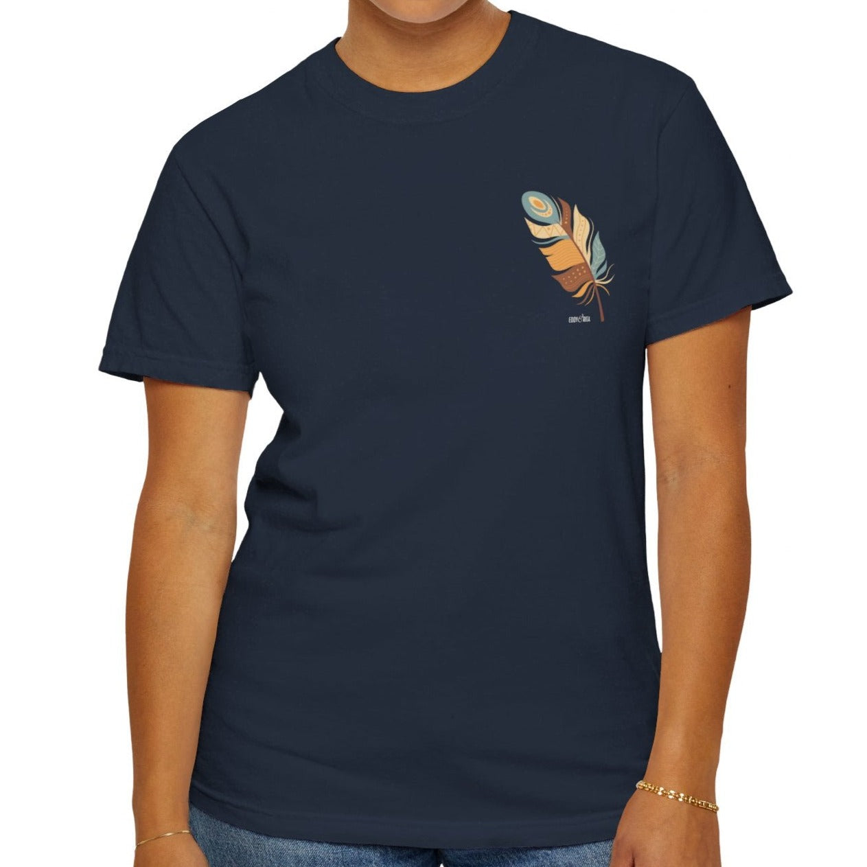 Eddy and Rita Women's Comfort Colors Tee - "Catch A Break" Feather Graphic Pocket Print & Full Back Print