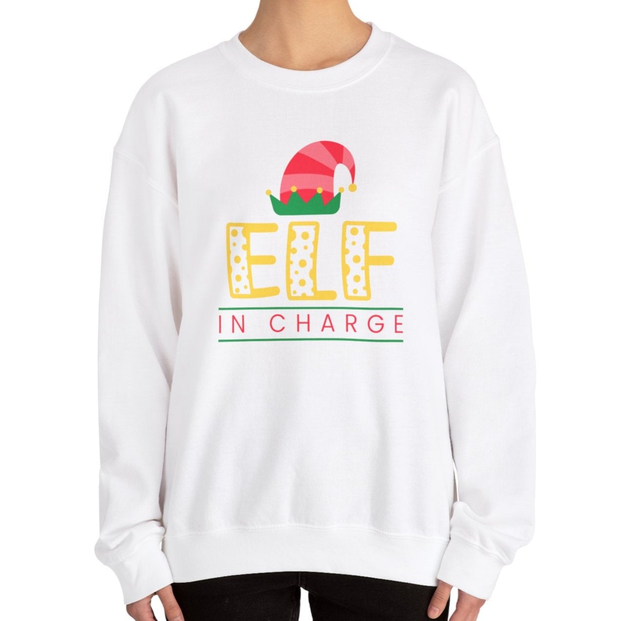 Women's Heavy Sweatshirt – "Elf In Charge" Fun Christmas Graphic Sweatshirt