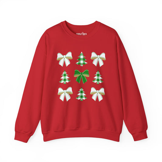 Women's Heavy Sweatshirt – "Christmas Trees and White Bows" Festive Holiday Graphic Sweatshirt