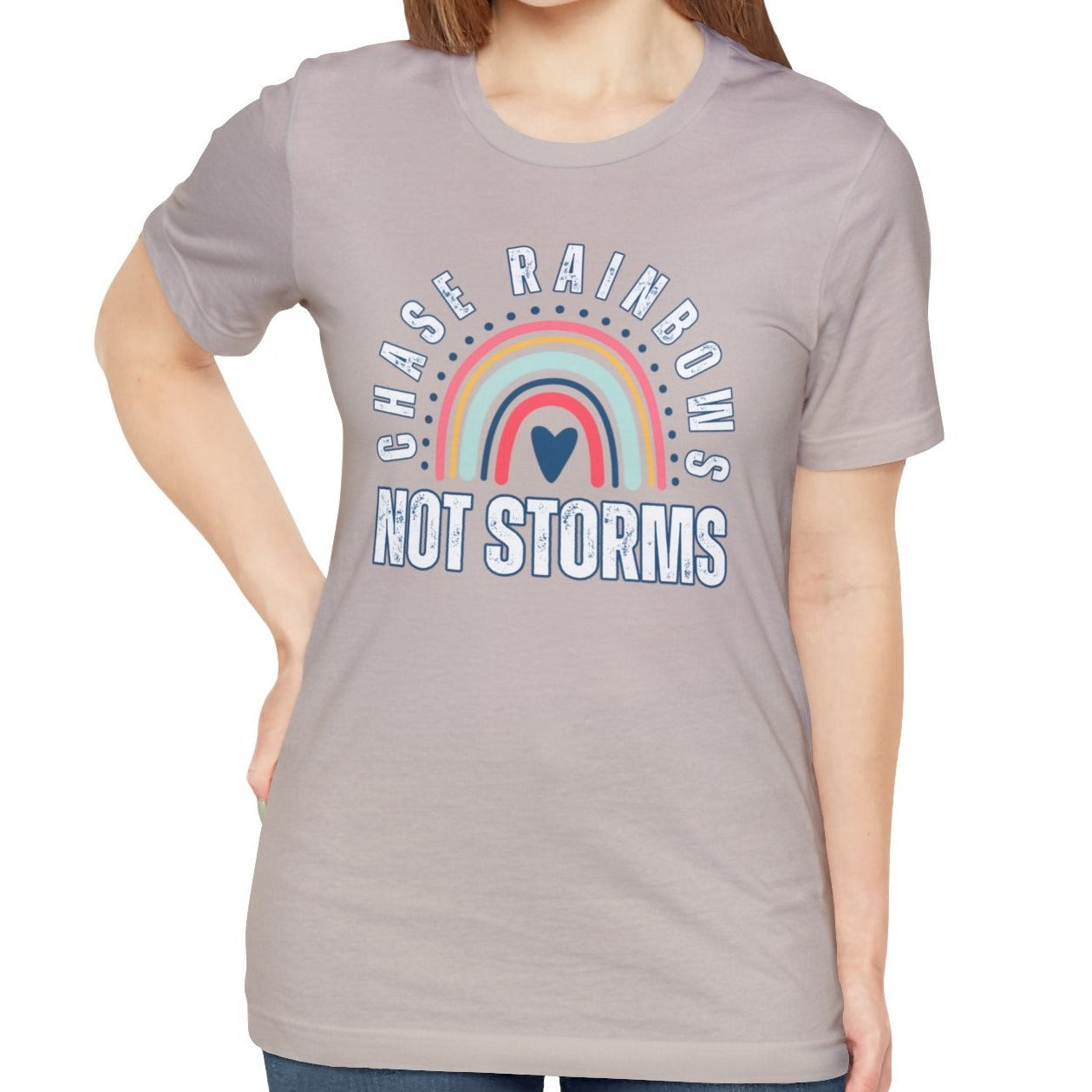 Chase Rainbows, Not Storms - Women's Bella Canvas Jersey Tee for Comfort and Positivity - Eddy and Rita