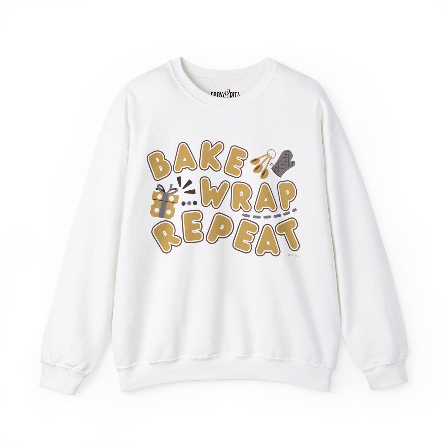 Women's Heavy Sweatshirt – "Bake Wrap Repeat" Fun Holiday Baking and Wrapping Graphic Sweatshirt