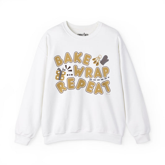 Women's Heavy Sweatshirt – "Bake Wrap Repeat" Fun Holiday Baking and Wrapping Graphic Sweatshirt