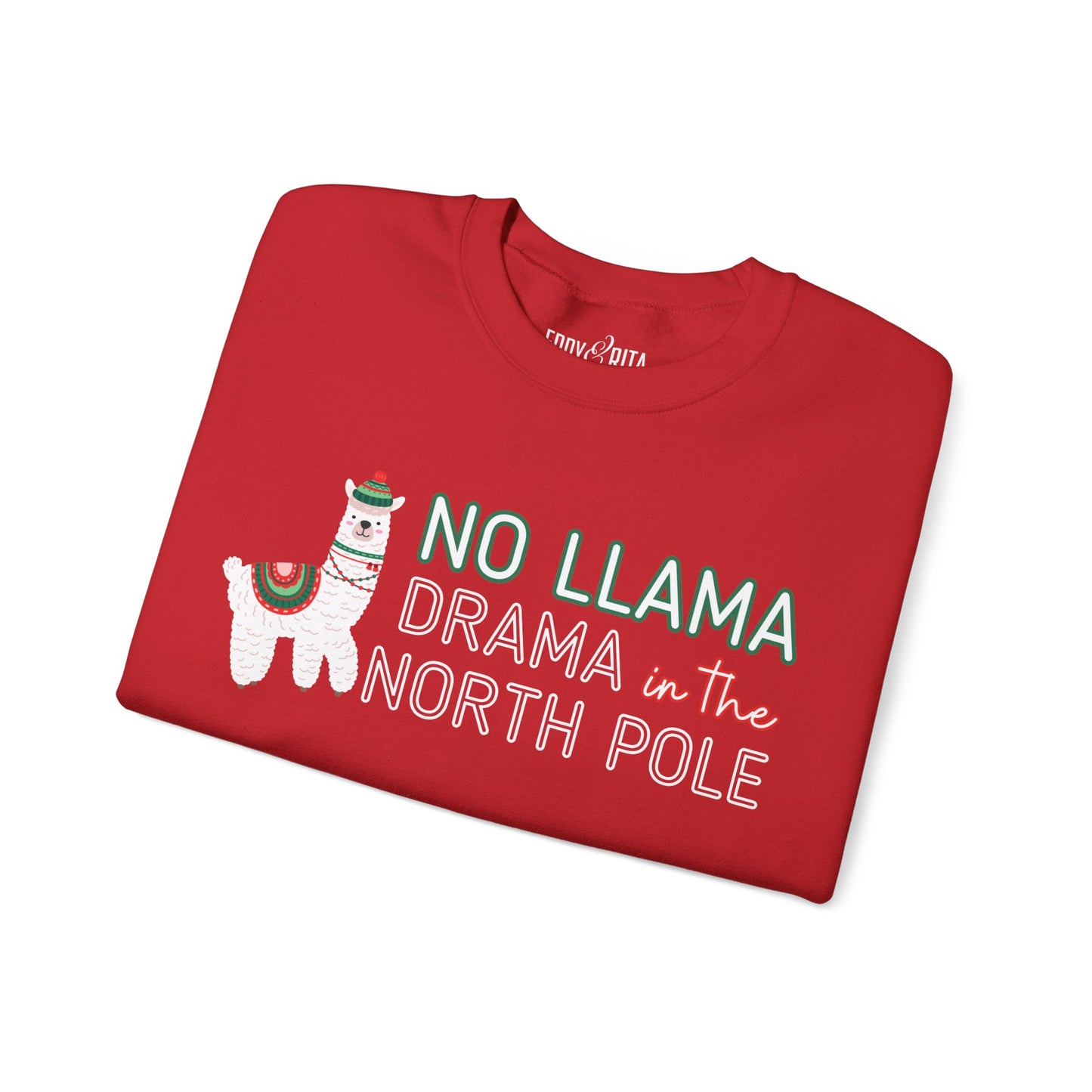 Women's Heavy Sweatshirt – "No Llama Drama in the North Pole" Fun and Festive Christmas Graphic Sweatshirt