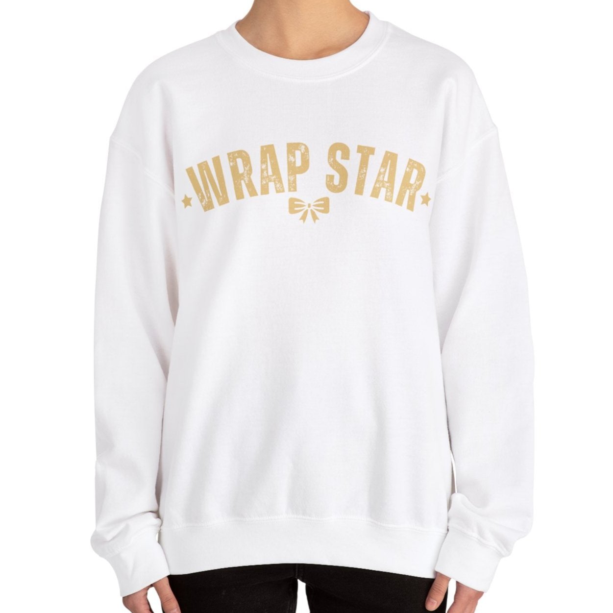 Women's Heavy Sweatshirt – "Wrap Star" Fun Holiday Gift Wrapping Graphic Sweatshirt