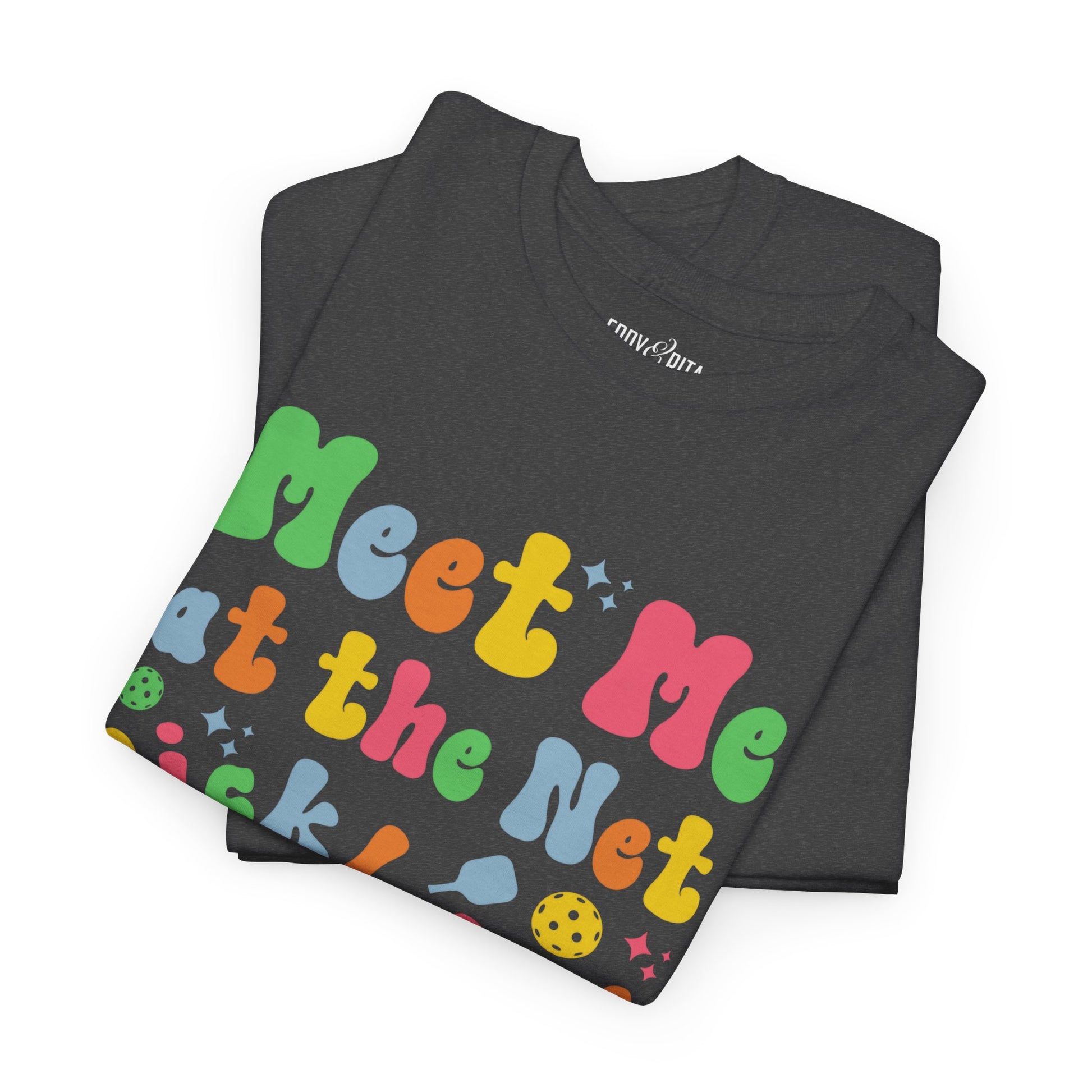 Eddy and Rita Women's Heavy Cotton T-Shirt - "Meet Me at the Net Pickleball" Graphic Tee for Pickleball Enthusiasts