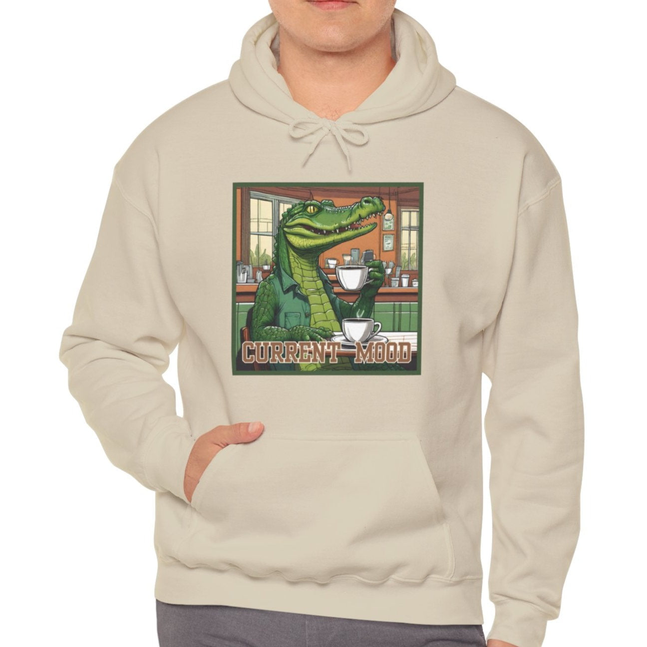 Men's Hooded Sweatshirt: 'Current Mood' Alligator Drinking Coffee