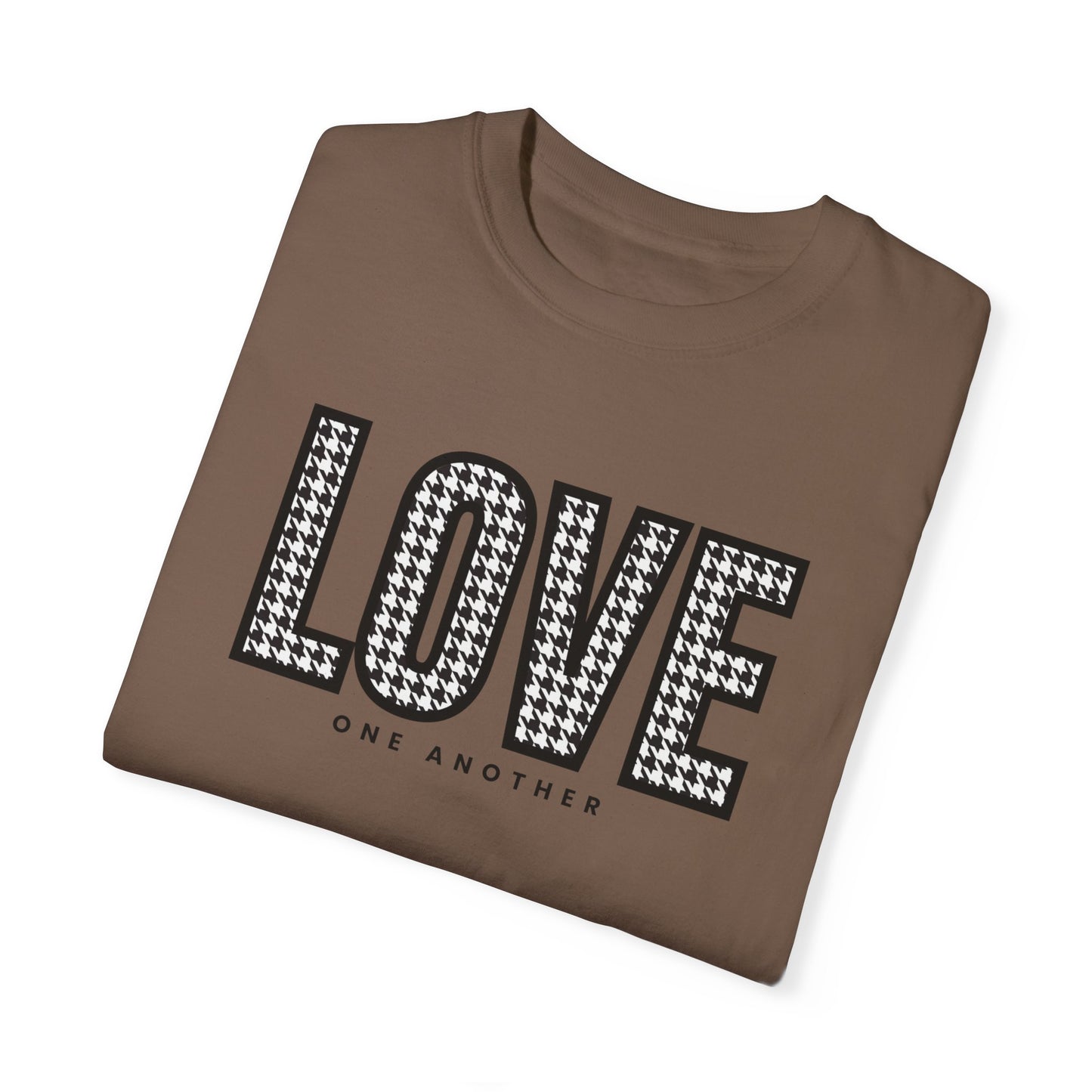 Love One Another Houndstooth Women's Comfort Colors Tee: Cozy Style with Inspirational Charm - Eddy and Rita