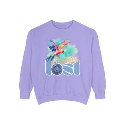 Get Lost Women's Comfort Colors Sweatshirt with Tropical Bird Design - Cozy and Stylish Casual Wear for Adventure Seekers