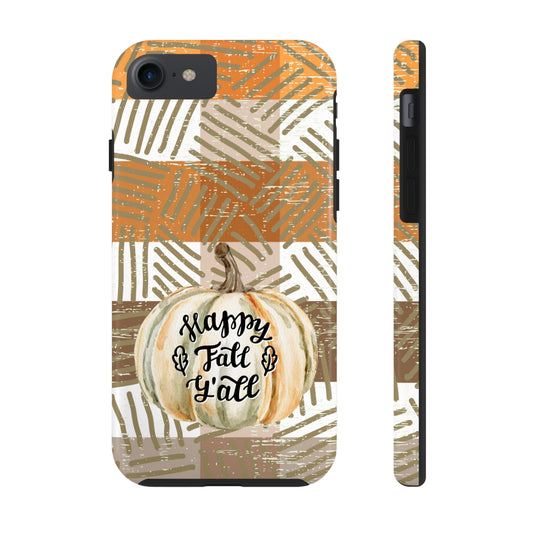 Happy Fall Ya'll Plaid iPhone Case with White Pumpkin - Stylish Autumn Protective Cover