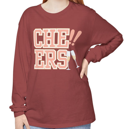 Comfort Colors Women's Cheers Long Sleeve Tee with Champagne Glasses Design - Eddy and Rita