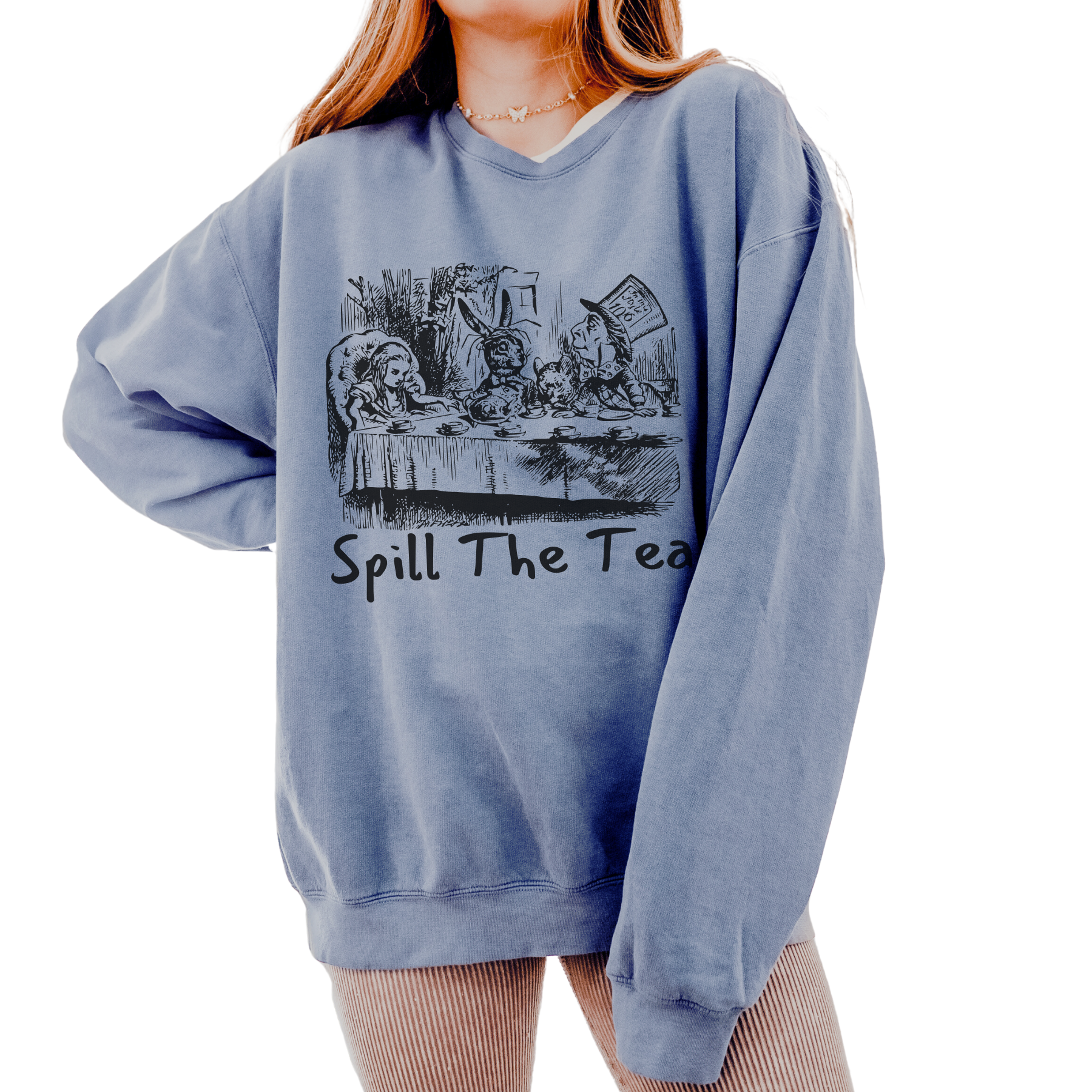 Eddy and Rita Women's Lightweight Crewneck Sweatshirt - "Spill the Tea" Retro Alice In Wonderland Graphic