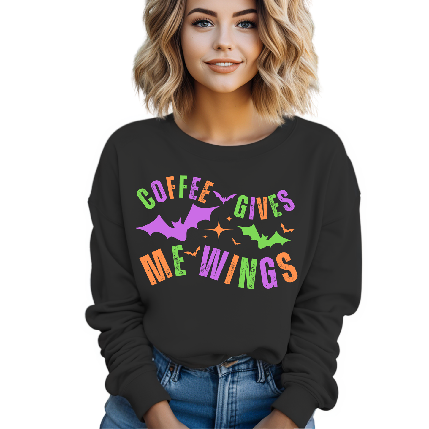 Eddy and Rita Women's Midweight Crewneck Sweatshirt - "Coffee Gives Me Wings" Halloween Bat Graphic Pullover