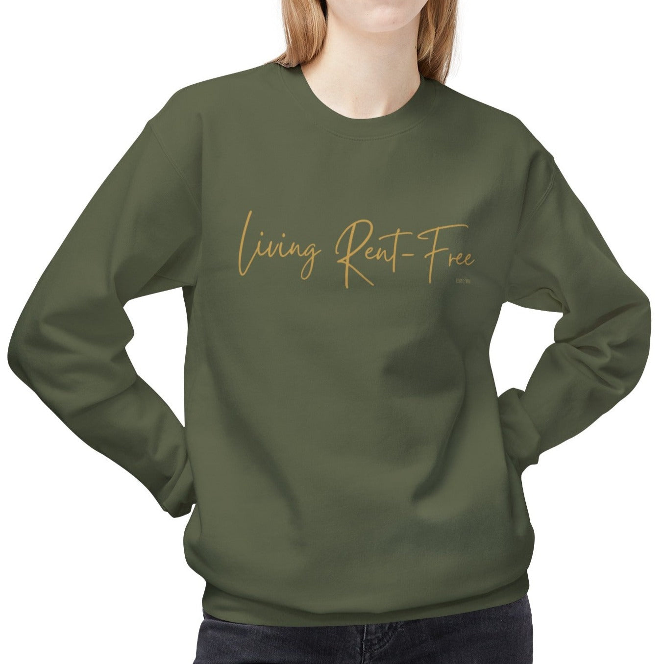 Eddy and Rita Women's Midweight Crewneck Sweatshirt - "Living Rent-Free" Fun Graphic Pullover