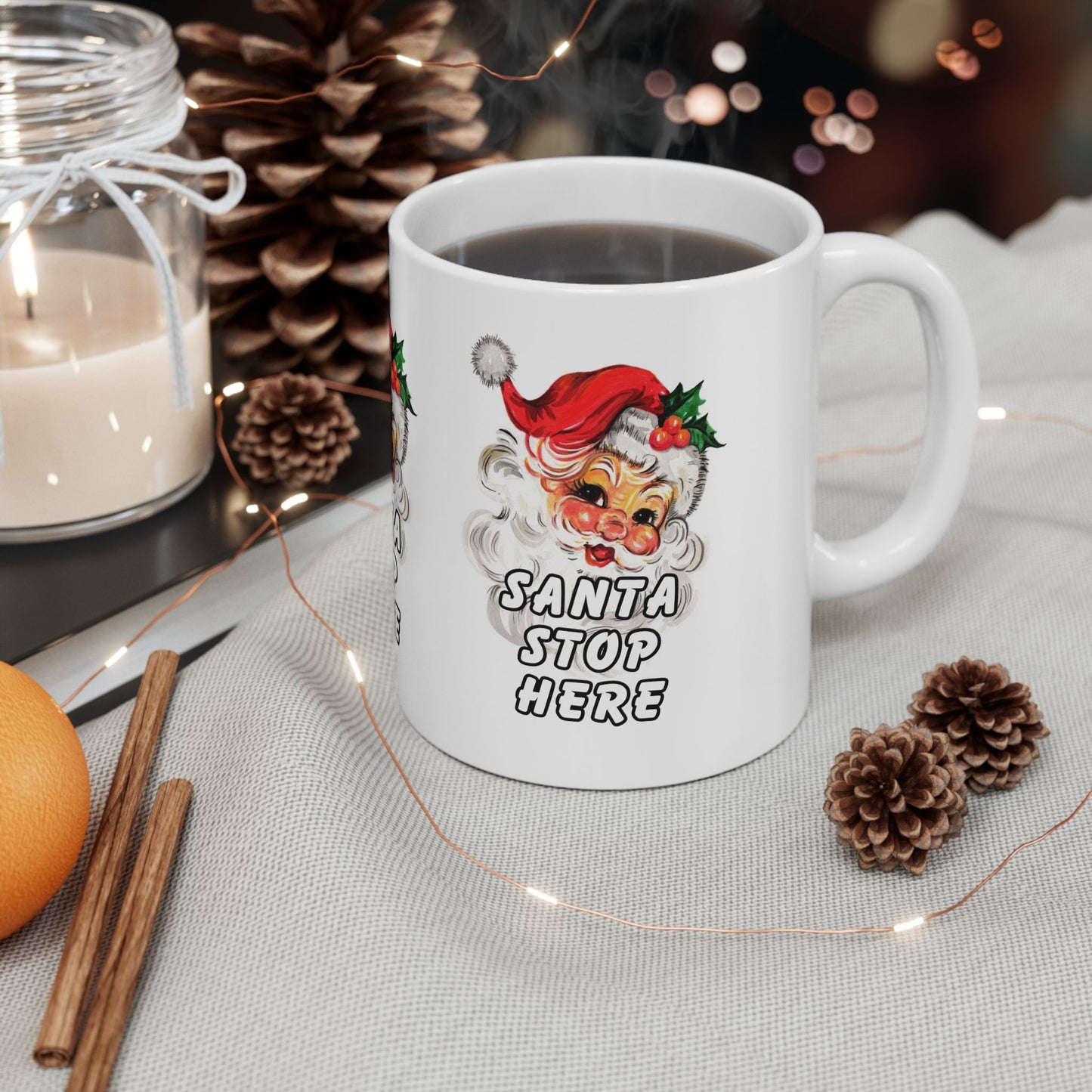 11 oz Ceramic Mug – “Santa Stop Here” | Festive and Fun Christmas Coffee Cup